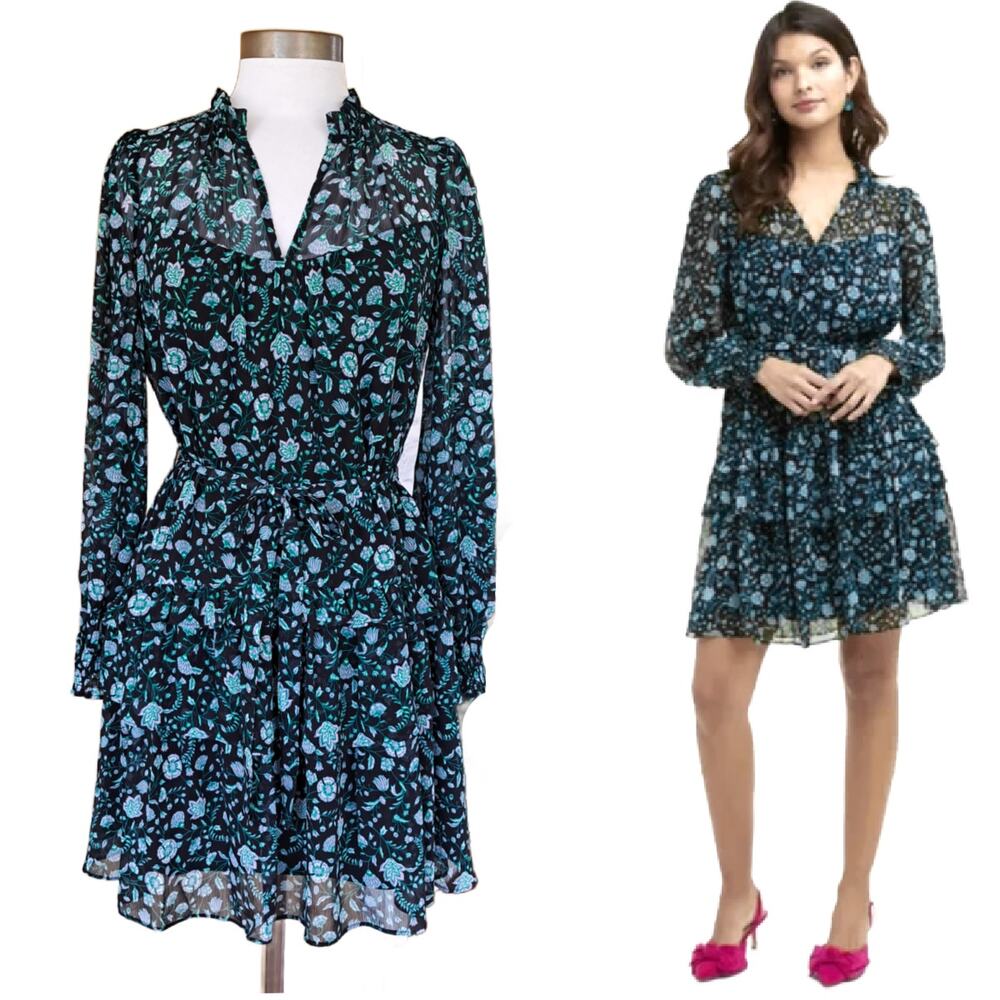 Draper James Dark Floral Belted Chiffon Mini Dress XS Emerald Vine